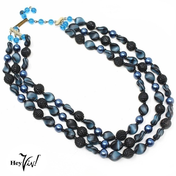 Vintage W German 3 Strand Bead Necklace Blue Black Texture Beads18" - Hey Viv - Picture 1 of 5